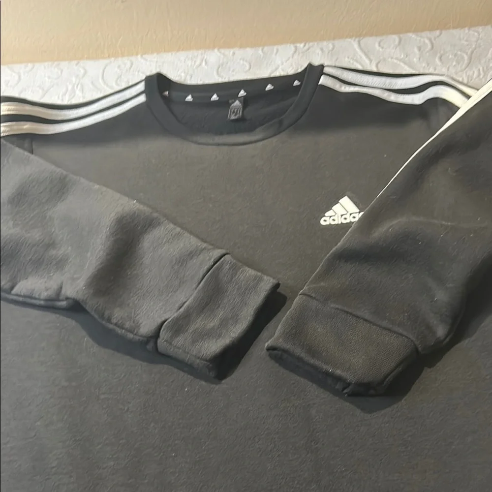 Adidas Men's Crewneck Sweatshirt - Black with White Stripes. Large